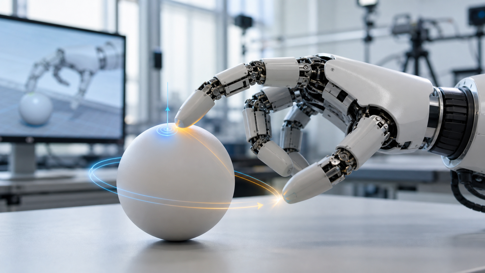 A multi-fingered robotic hand rotating a sphere while finding contact points