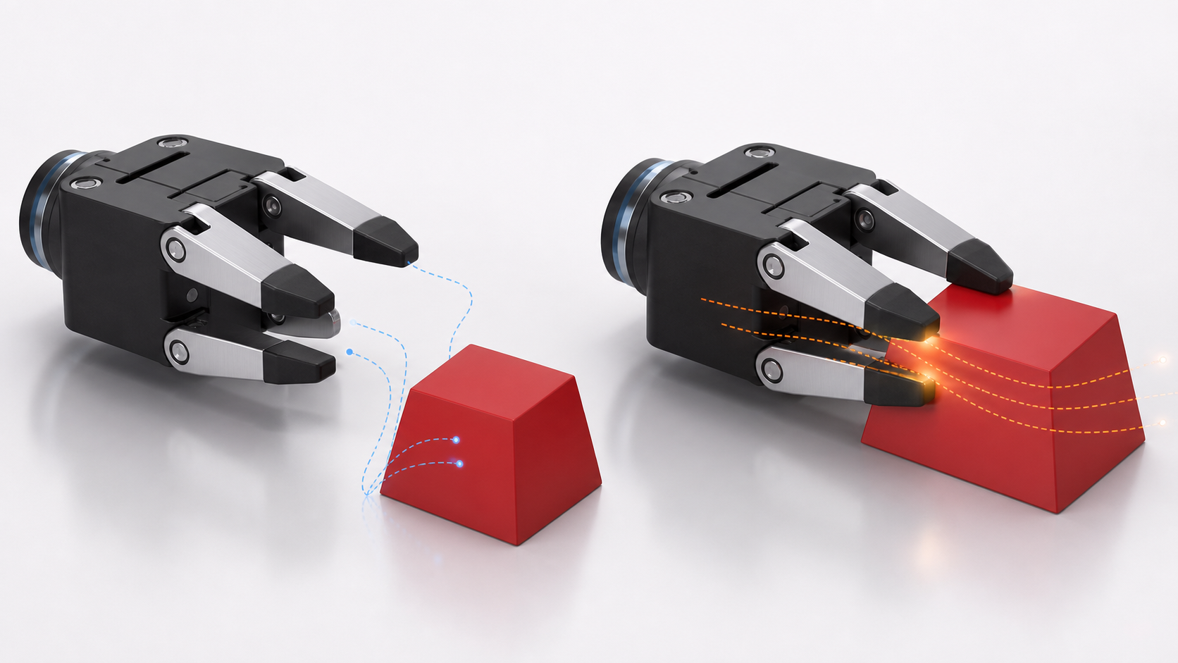 A robotic gripper and object under different dynamics modes before and after contact