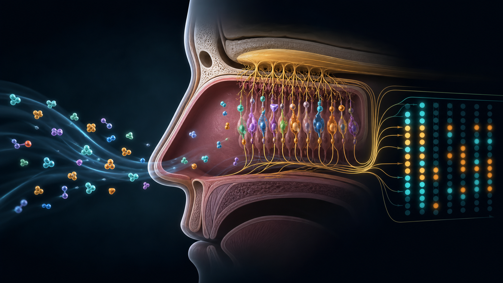 Airborne molecules becoming a combinatorial response pattern across olfactory receptors